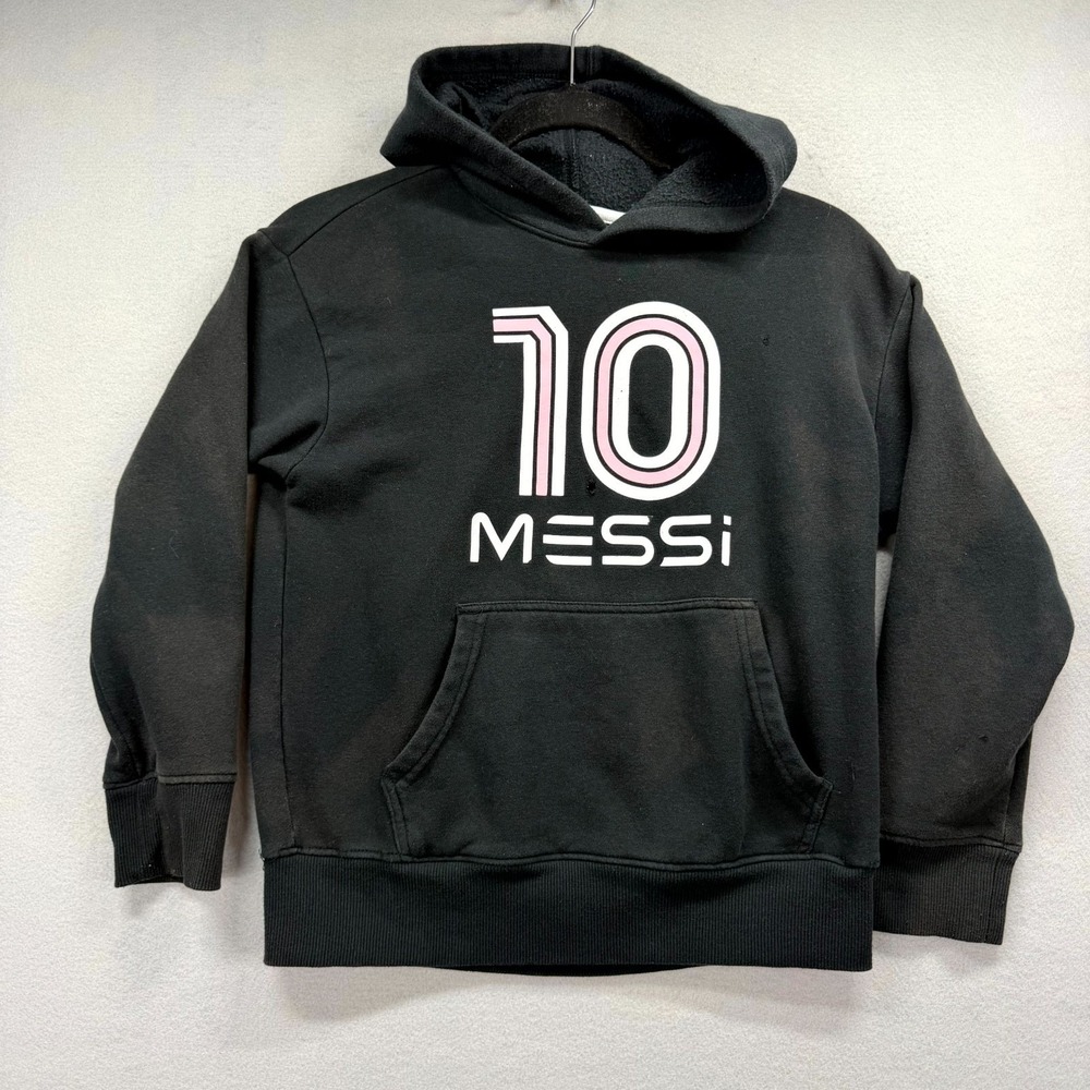 Messi Hoodie Boys L 10-12 Black Cotton Hooded Soccer Sports Fan Kangaroo Pocket